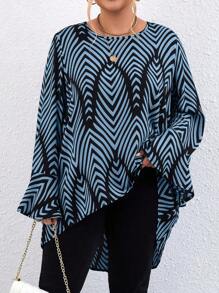 Calvaya Plus Size Asymmetric Hem Geometric Print Frill Trim Long Sleeve Shirt