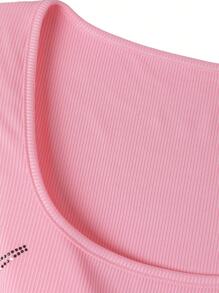 INAWLY 女式水钻心形印花圆领长袖修身 T 恤，秋季图案 T 恤女式春秋季上衣女装 - 粉色 - 查看 6