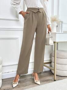 SHEIN Clasi Elastic Waist Straight Leg Trousers For Women, High-Waisted Casual Wide Leg Pants For Spring & Autumn