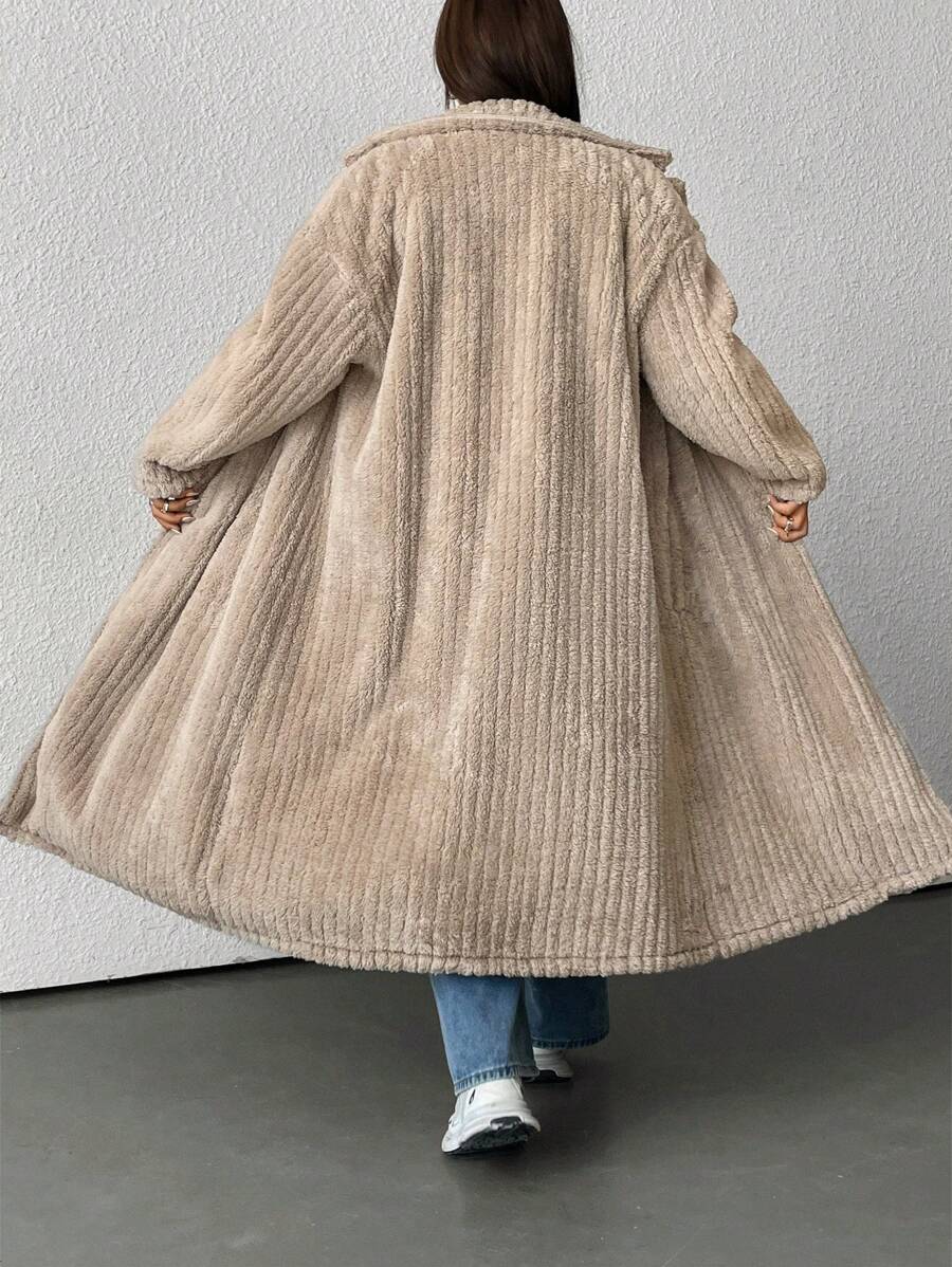 SHEIN EZwear Plus Size Women's Khaki Fuzzy Long Coat, Autumn/Winter