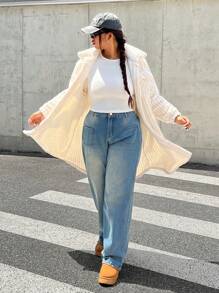 SHEIN EZwear Plus Size Solid Front Button Long Sleeve Simple Casual Ribbed Fleece Jacket - Beige - View 4