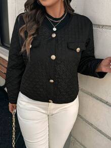 SHEIN Clasi Plus Women Black Casual Crew Neck Long Sleeve Short Fitted Cushion Coat, Quần áo mùa đông cho nữ - màu đen - Xem 7