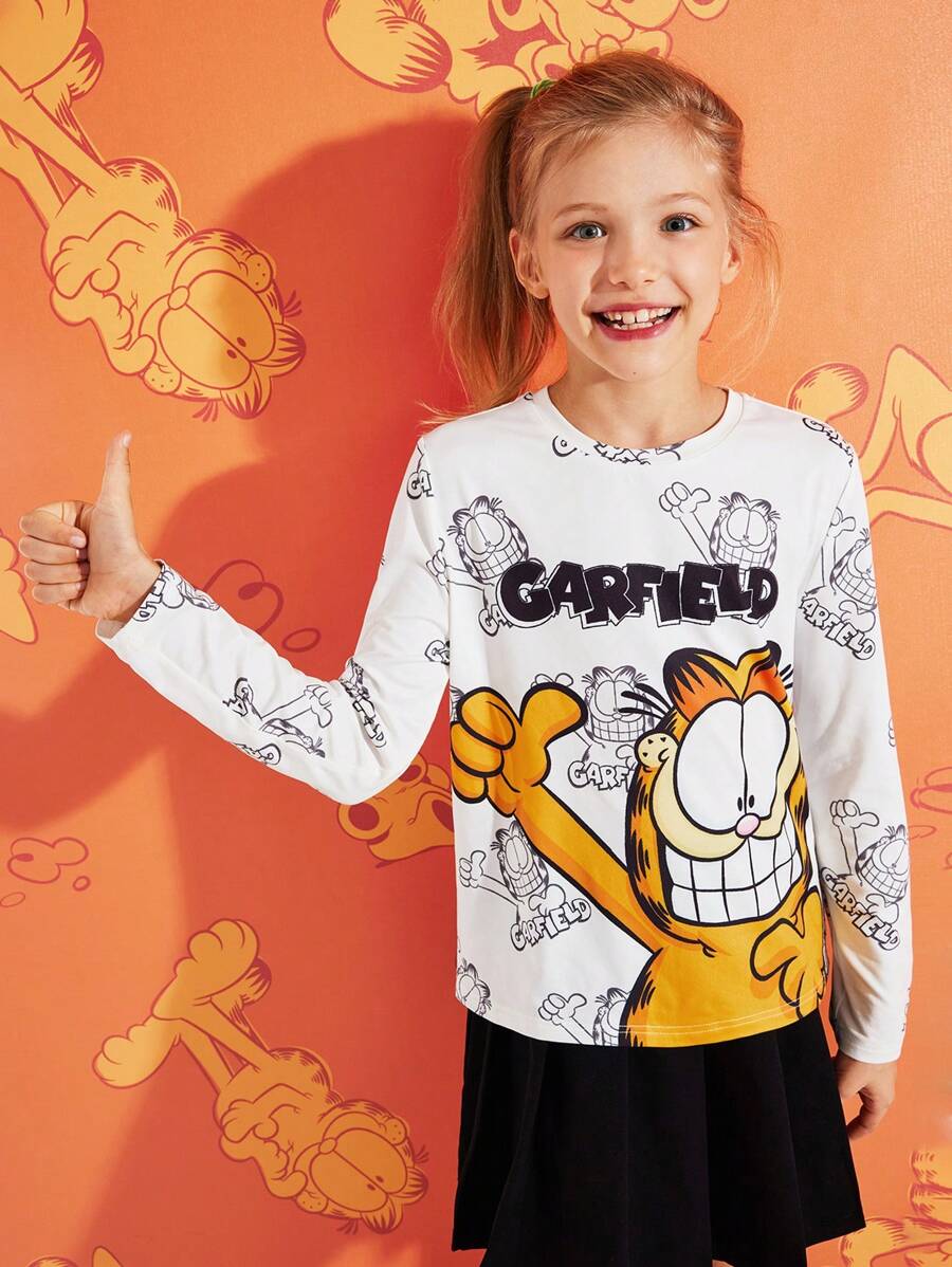 Garfield x shein tween girl casual white cartoon cat print form fitting