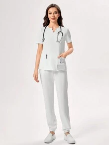 TaskEZ 1 套纯色短袖上衣和裤子 手术服套装 手术服套装 护士服 手术服上衣 手术服下衣 实验室外套 手术服外套 - 白色 - 查看 11