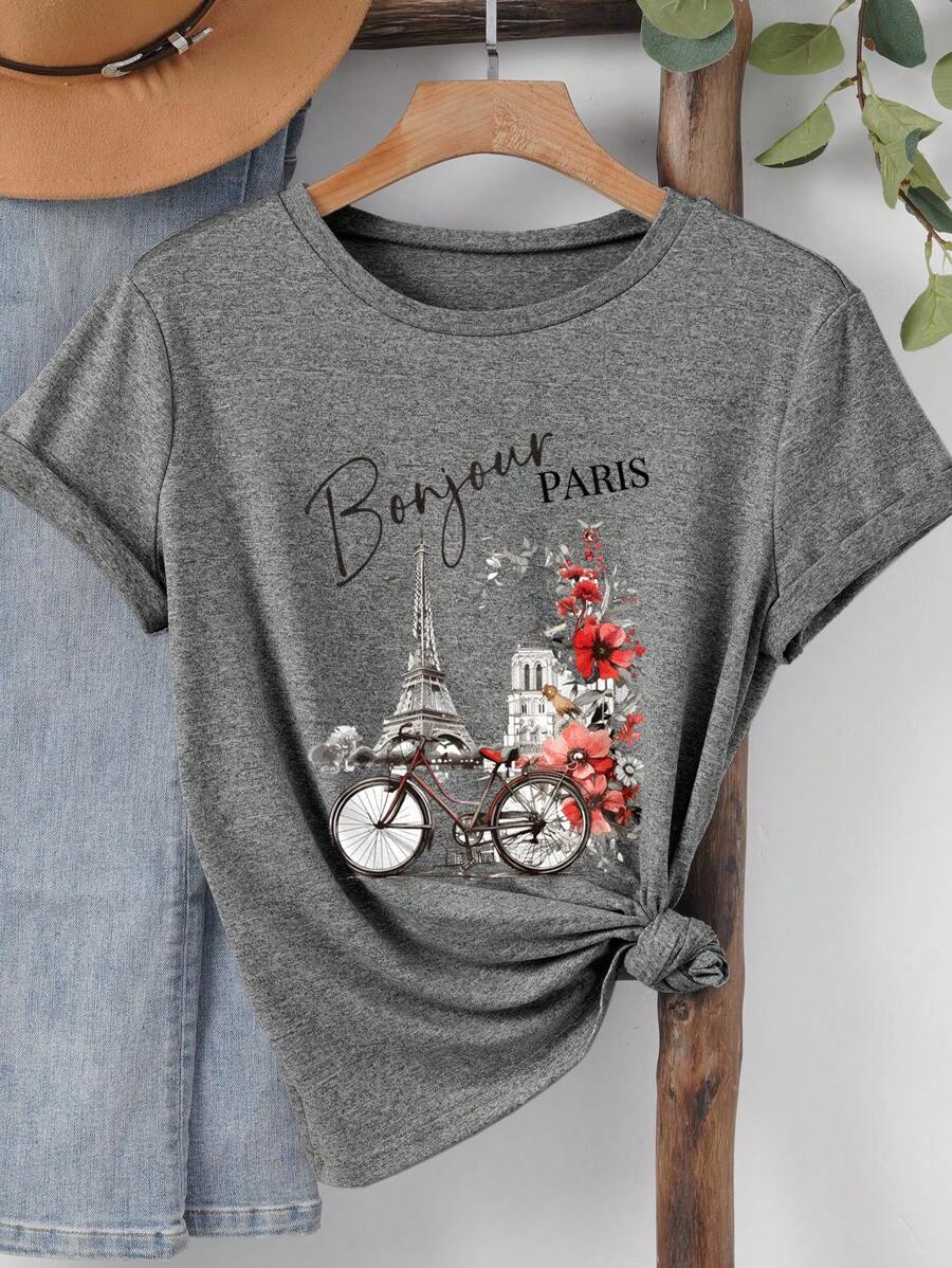 INAWLY T-shirt Paris France avec graphique de la tour Eiffel, Top d'été décontracté pour femme pour voyager - Gris foncé - Voir 1