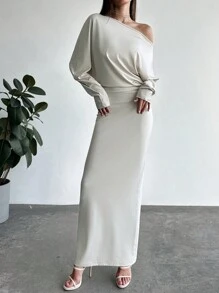 Aloruh Vestido largo de unicolor con cintura y hombro asimétrico, adecuado para vacaciones, citas y salidas, otoño/invierno