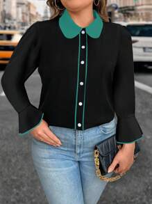 SHEIN Clasi Plus Size Women Elegant Elegant Contrast Collar Flare Sleeve Piping Blouse, Spring Autumn