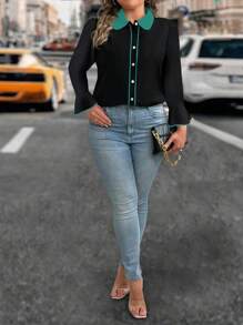 SHEIN Clasi Plus Size Women Elegant Elegant Contrast Collar Flare Sleeve Piping Blouse, Spring Autumn
