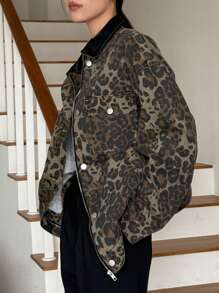 DAZY Women's Autumn Casual Leopard Print Zip-Up Loose Denim Jacket Cheetah Print