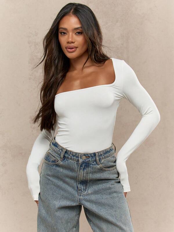 MISSGUIDED Body de manga larga con cuello cuadrado, ajustado y básico, una prenda esencial de invierno y otoño, una pieza minimalista y clásica para el armario