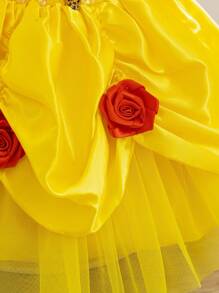 Glamorique Kids 女婴公主薄纱连衣裙，黄色网纱连衣裙，花童礼服，生日派对，婚礼，正式场合礼服，派对装，泡泡袖，亮片，3D玫瑰花，蓬蓬裙，适合所有季节，中东、欧洲和美国 - 黃色 - 查看 7
