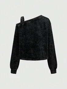 ROMWE Sudadera asimétrica con estampado de alas y cruz, estilo punk para mujer - Negro - Ver 2