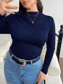 SHEIN Frenchy Áo thun cổ bẻ ôm vừa vặn cỡ lớn - Màu xanh hải quân - Xem 4