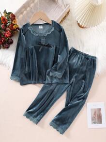2pcs/Set Girls Casual Solid Foggy Blue Velvet Ruffle Trim Long Sleeve Top & Pants Loungewear Set - Dusty Blue - View 1