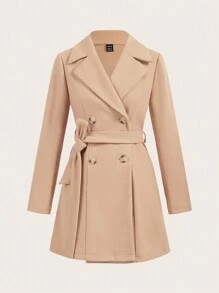SHEIN Lady Cappotto invernale con collo a rever color cachi, elegante abbigliamento da donna per l'autunno, cappotto donna doppiopetto con design a bretelle, giacca da donna antivento per l'inverno, abbigliamento da donna per l'autunno e l'inverno - Moka Marrone - Visualizzare 2