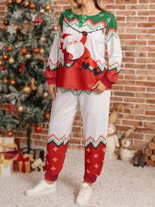 EMERY ROSE Conjunto de 2 piezas de ropa para mujer de talla grande, con parte superior holgada con botones y estampado de Papá Noel y pantalones, conjunto de ropa de otoño