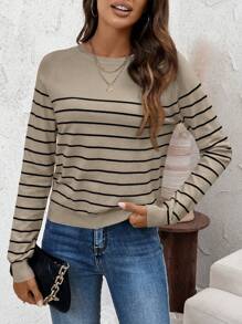 SHEIN LUNE 女士休闲舒适圆领条纹针织毛衣，夏季 - 駝色 - 查看 1