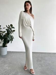 Aloruh Vestido largo de unicolor con cintura y hombro asimétrico, adecuado para vacaciones, citas y salidas, otoño/invierno