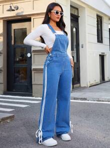 SHEIN Essnce Women's Simple Wide Strap Button Pocket Casual Denim Jumpsuit - Dark Wash - View 1