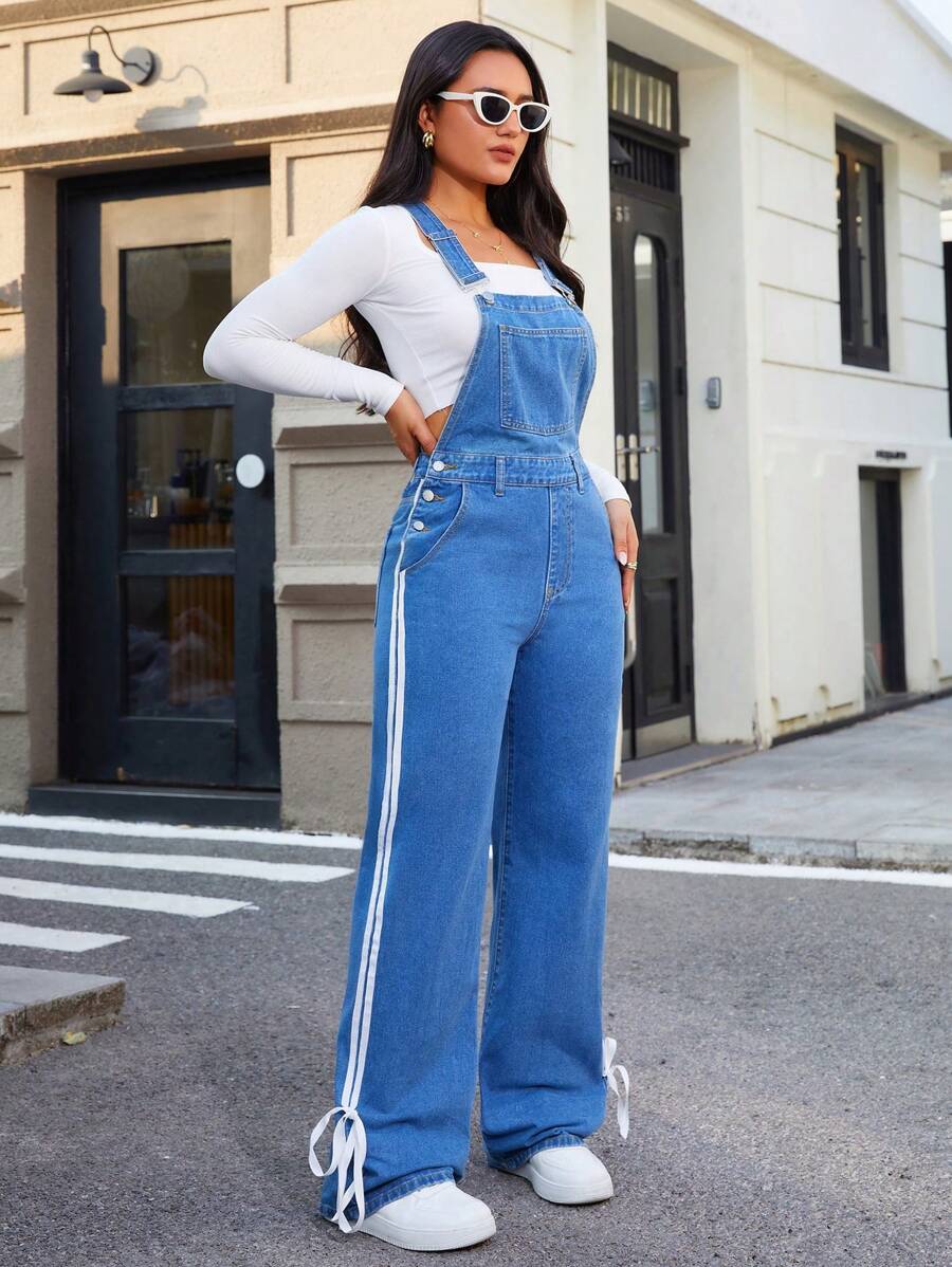 SHEIN Essnce Women's Simple Wide Strap Button Pocket Casual Denim Jumpsuit - Dark Wash - View 1