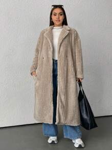 SHEIN EZwear Plus Size Women's Khaki Fuzzy Long Coat, Autumn/Winter