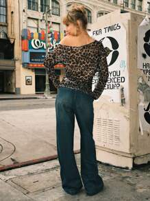 SHEIN EZwear Women Oblique Shoulder Fitted Casual Sexy Black And Gray Leopard Print Mesh Side Ruffle Long Sleeve T-Shirt - Black - View 2