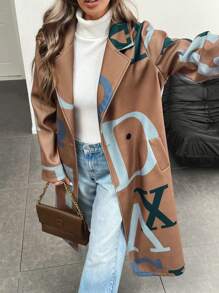 SHEIN LUNE Women Letter Pattern Lapel Collar Long Sleeve Longline Casual Overcoat, Autumn/Winter