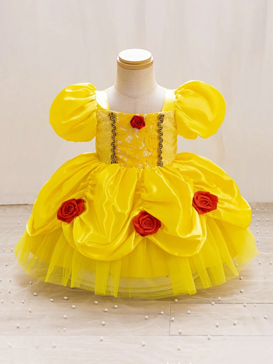 Glamorique Kids 女婴公主薄纱连衣裙,黄色网纱连衣裙,花童礼服,生日派对,婚礼,正式场合礼服,派对装,泡泡袖,亮片,3D玫瑰花,蓬蓬裙,适合所有季节,中东、欧洲和美国 - 黃色 - 查看 1