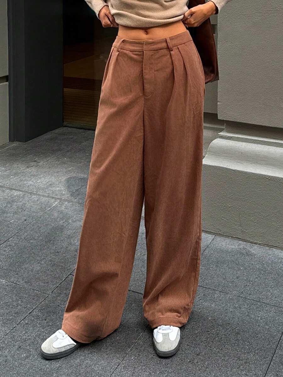 Aloruh Women's High Waist Wide Leg Straight Corduroy Floor Length Pants, New Arrival Autumn/Winter - Khaki - View 1