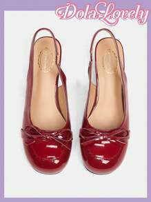 Dola Lovely 女士时尚可爱蝴蝶结装饰高跟鞋新年假期 - 酒紅色 - 查看 7