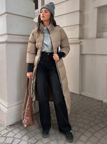 EURMUSE Áo khoác nữ dày và ấm, cổ đứng có đệm, quần áo thu/đông - Cà phê nâu - Xem 4