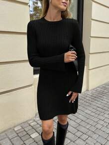 EURMUSE Solid Color Crew Neck Elegant Commuting Long Sleeve Knitted Sweater Dress - Black - View 4