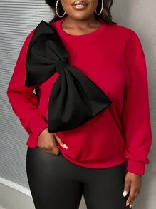 Slaydiva Plus Size Women Casual Loose Bowknot Decor Sweatshirt, Suitable For Everyday Wear In Autumn - Red - View 5