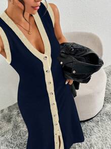 Elenzga Women Solid Color Button Front Sleeveless Minimalist Casual Long Dress