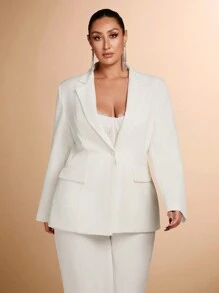SHEIN BAE 大码女式修身黑色西装外套，秋冬季百搭长袖外套 - 白色 - 查看 3