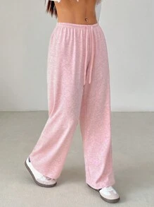SHEIN PETITE Damen unifarbene Stoffhose mit Kordelzug in der Taille, weich und locker, lässige Passform, Herbst/Winter, weite Hose - Pink - Übersicht 5