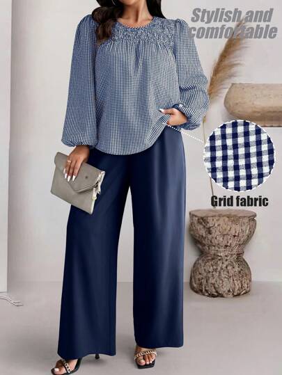SHEIN LUNE 2pcs/Set Plus Size Casual Plaid Lantern Sleeve Shirt & Solid Color Pants, Autumn