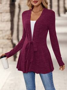 EMERY ROSE Chaqueta casual de mujer de unicolor simple con nudo retorcido en la cintura, de otoño - Burdeos - Ver 3