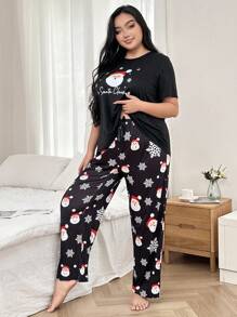 Plus Size Santa Claus Print Sleepwear Set, For Christmas - Multicolor - View 4
