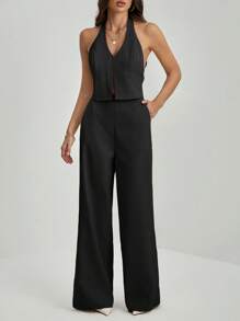 SHEIN Tall 办公室女士V领露背无袖上衣+阔腿裤修身加长套装 - 黑色 - 查看 5