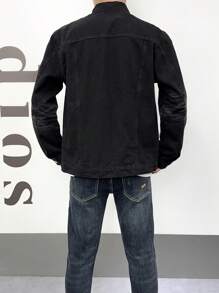 Manfinity Homme Chaqueta vaquera casual de corte holgado y de una sola hilera de botones para hombre, para otoño - Negro - Ver 2