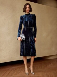 MOTF PREMIUM VELVET MOCK NECK RHINESTONE TRIM MIDI DRESS - Blue - View 5