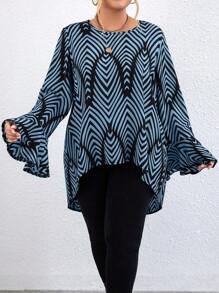 Calvaya Plus Size Asymmetric Hem Geometric Print Frill Trim Long Sleeve Shirt