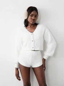 SHEIN Unity 3pcs Christmas Crew Neck Cropped Camisole Set & Cozy Casual Shorts, Women Knitted Sweater Outfit - White - View 6