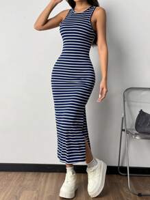 SHEIN EZwear Váy hở lưng kẻ sọc xẻ tà cho nữ Váy hở lưng - Màu xanh hải quân - Xem 2