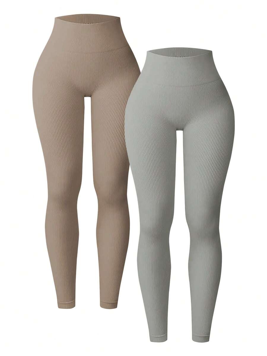 SHEIN Sports 女士纯色高腰日常健身破洞运动紧身裤两件套瑜伽裤 - 彩色 - 查看 1