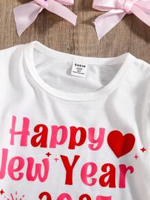 Young Girl Letter Print Round Neck Long Sleeve Top & Mesh Splice Elastic Waist Skirt 2pcs/Set - Multicolor - View 3