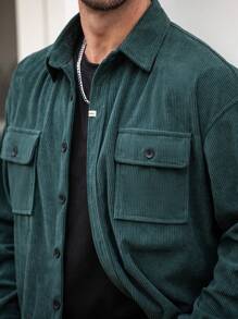 Manfinity Homme Men's Casual Solid Color Flap Pocket Plain Long Sleeve Shirt, Autumn, Husband, Going Out