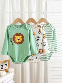SHEIN Bộ 3 món/bộ đồ liền thân trẻ sơ sinh mùa xuân thu đông dày mềm mại thoải mái co giãn cao dễ thương in hình sư tử hổ hoạt hình, thích hợp sử dụng ở nhà và ngoài trời - màu xanh lá - Xem 1
