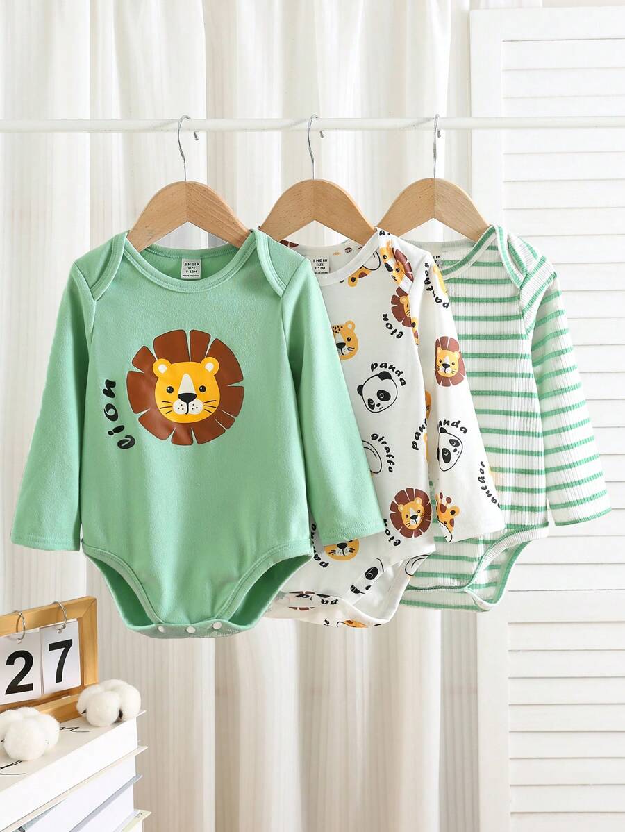 SHEIN Bộ 3 món/bộ đồ liền thân trẻ sơ sinh mùa xuân thu đông dày mềm mại thoải mái co giãn cao dễ thương in hình sư tử hổ hoạt hình, thích hợp sử dụng ở nhà và ngoài trời - màu xanh lá - Xem 1
